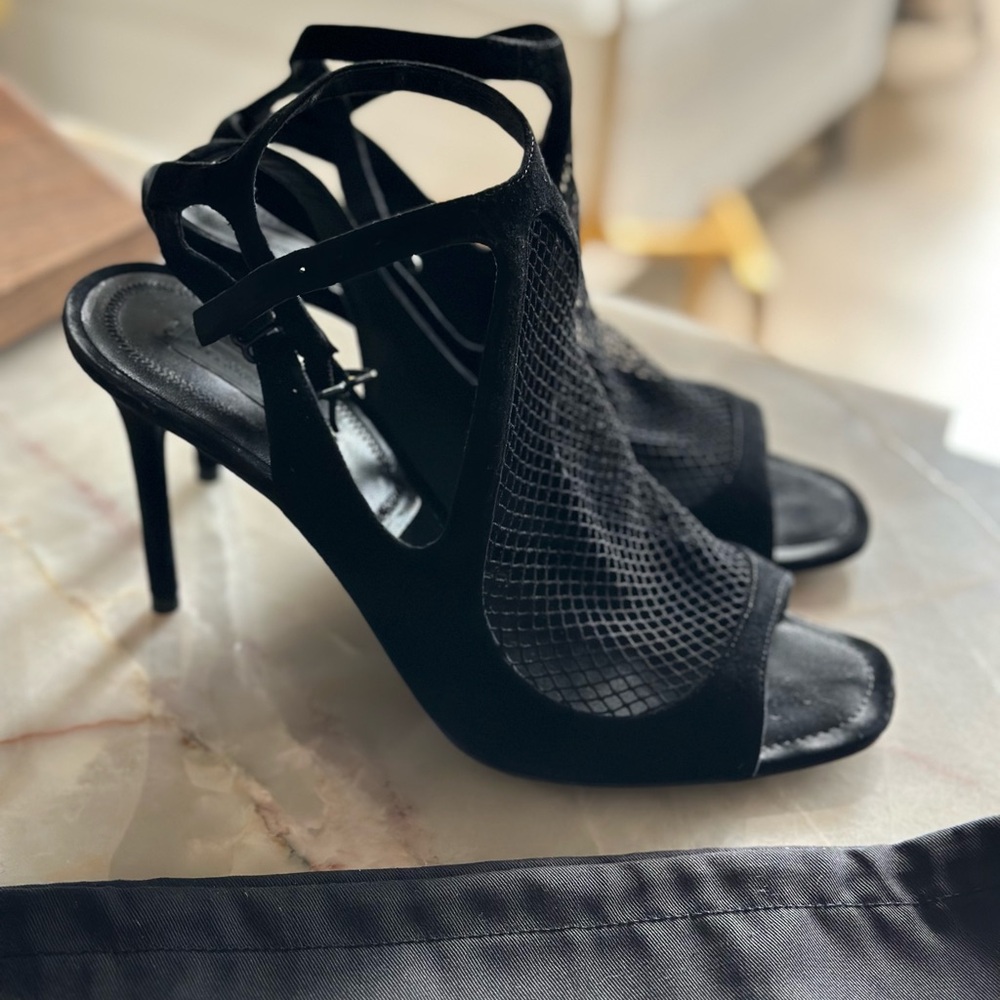ALEXANDER WANG Womens Black Suede & Fishnet Square Toe Stiletto Sandals Size 39